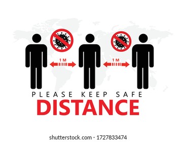 Warning sign poster Please keep safe distance of 1.5 m. Quarantine actions, risk of coronavirus COVID-19 infection