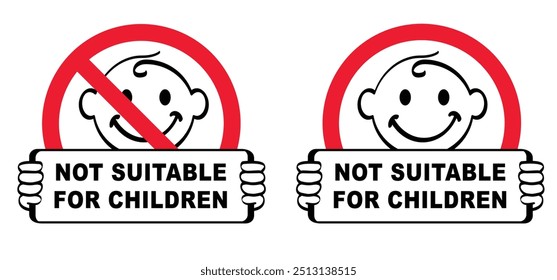 Warning sign, prohibited for children, inedible 0, 1, 2, 3 plus under only years old. Not suitable for kids under specific age limit. Kid, child or no baby. Packaging of children's products  or toys. 