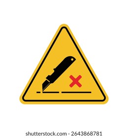 Warning sign prohibited from opening using cutter on yellow triangle board. Emergency sign Suitable for posters and web icons