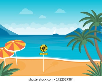 Warning sign prohibiting beach area Protection against the virus, Covid-19 or coronavirus epidemic, beach closures, epidemic prevention,Flat vector design