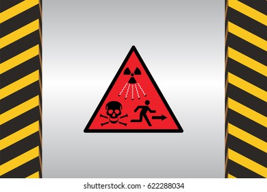 Warning sign of radiation danger and dimensional marking.