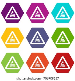 Warning sign railway crossing without barrier icon set many color hexahedron isolated on white vector illustration