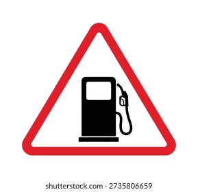 A warning sign with a red border and a white background, featuring a black silhouette of a gas pump, indicating a fuel station or low fuel.