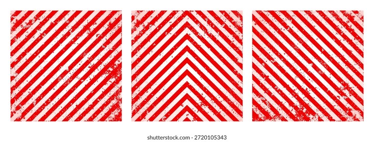 Sinal de aviso com linhas diagonais vermelhas e brancas. Símbolo de atenção, perigo ou cuidado. Sinalização no estaleiro de construção, aviso de segurança rodoviária, faixa de perigo, escudo de alerta de segurança. Ilustração vetorial