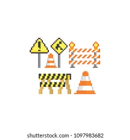 Warning sign road works set icon. Pixel art. Old school computer graphic. 8 bit video game. Game assets 8-bit sprite. 16-bit.
