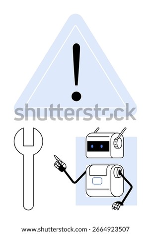 Warning sign robot with finger point, and wrench tool. Ideal for alerts, cybersecurity, AI, innovation, robotics, repairs, and support. Line metaphor