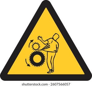 warning sign,  rotating gears, risk of entanglement or crushing hazards in machinery