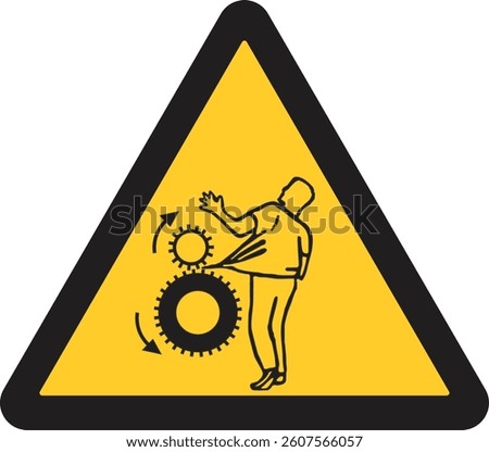 warning sign,  rotating gears, risk of entanglement or crushing hazards in machinery