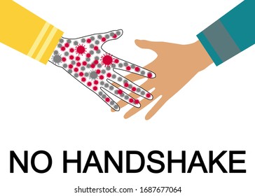 A warning sign said NO HANDSHAKE with two hand getting closer and wrong sign. It’s followed the COVID19 concept. We should no longer to greeting people by handshake. Stop spreading germs by handshake.
