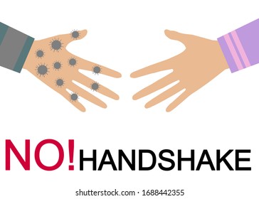 A warning sign said NO HANDSHAKE with two hand getting closer. It’s followed the COVID19 concept. We should no longer to greeting people by handshake. Stop spreading germs by handshake.