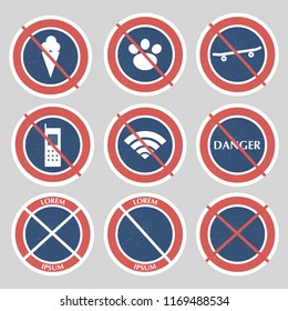 WARNING SIGN. A set of prohibiting signs on a gray background for a shop, cafe, restaurant. Color vector illustration.