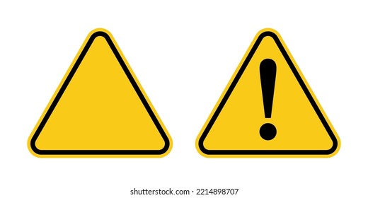Warning sign set vector illustration. Yellow sign in shape of triangle to warn about caution, alert danger symbol with empty or black exclamation mark inside, attention road signal, important message