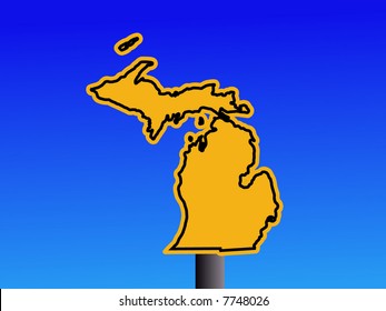 Warning sign in shape of Michigan on blue illustration