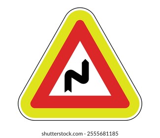 Warning Sign for Sharp Road Curve, Featuring Red Triangle and Black Curved Arrow, Indicating a Hazardous Turn Ahead, Available as a Vector File