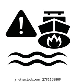 Warning sign of a ship on fire at sea with danger alert symbol, conveying urgent maritime warning