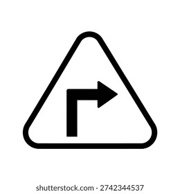 Warning sign showing a sharp right turn ahead on a white background isolated