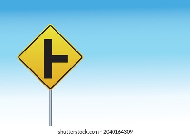 Señal de advertencia de cruce lateral de carretera a la derecha aislado en fondo azul,Señal de tráfico. Ilustración vectorial eps 10.