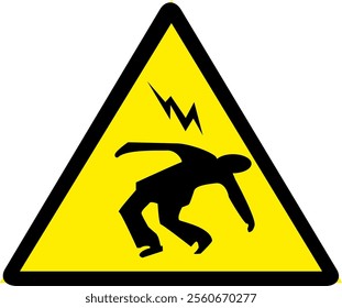 Warning sign with silhouette of a man jumping over an electrical hazard sign