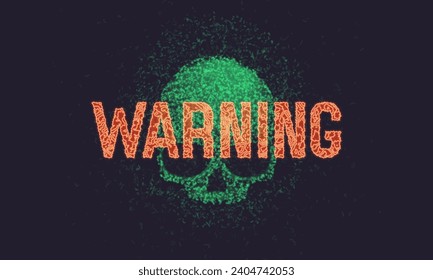 Signo de "advertencia" con cráneo construido con diferentes partículas y puntos. Peligro de virus de Internet, problema técnico o error del sistema. Ilustración vectorial.