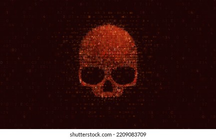 Warning sign skull constructed with programming code. Danger internet virus, technical problem or system error. Vector illustration.