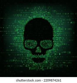 Warning sign skull constructed with programming code. Danger internet virus, technical problem or system error. Vector illustration.
