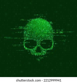 Warning sign skull constructed with programming code. Danger internet virus, technical problem or system error. Vector illustration.