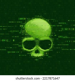 Warning sign skull constructed with programming code. Danger internet virus, technical problem or system error. Vector illustration.