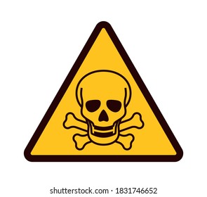 Warning sign with skull. Yellow triangle with black attention symbol, dangerous area emblem, chemical mortal pollution industrial zone pictogram, beware hazards flat vector isolated illustration