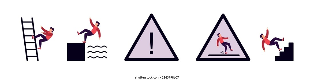 Señal de advertencia, suelo resbaladizo, bajando las escaleras, cayendo a la piscina. Iconos vectoriales aislados. El hombre cae, es posible que ocurra un accidente.