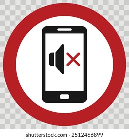 Warning sign with smartphone and crossed speaker icon. Keep your phone in silent mode. Vector sign for libraries, theaters or certain work environments