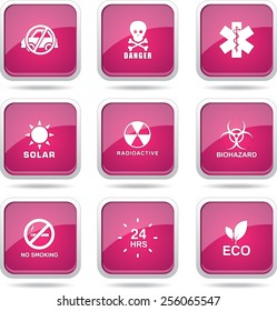 Warning Sign Square Vector Pink Icon Design Set