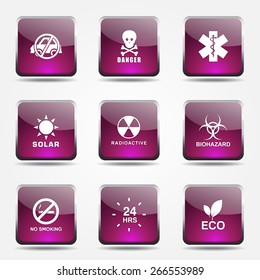 Warning Sign Square Vector Pink Icon Design Set
