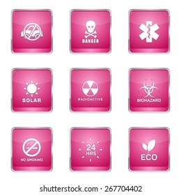 Warning Sign Square Vector Pink Icon Design Set