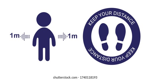 Warning sign sticker reminding the importance of keeping the 1 m distance between people to protect from Coronavirus or Covid-19.