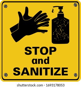 warning sign stop and sanitize hand illustration vector