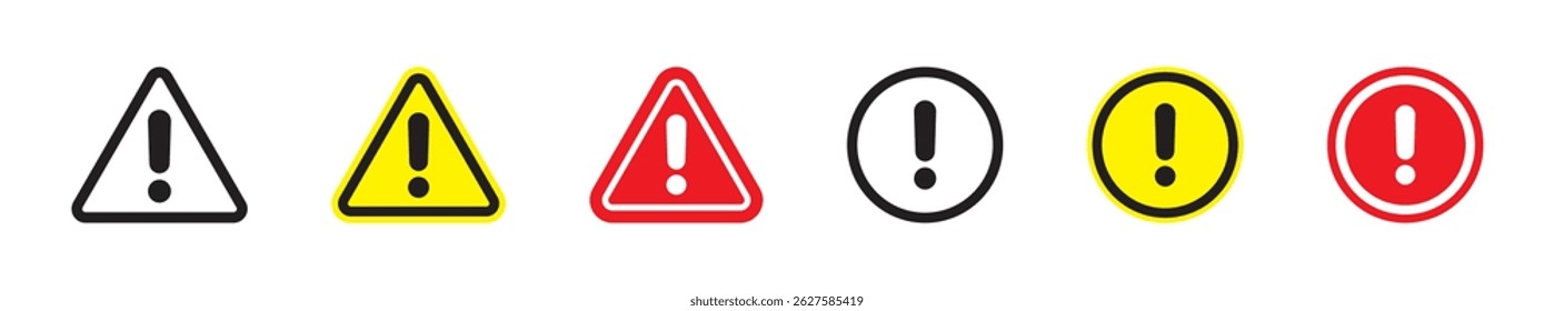 Warning sign and symbol. Exclamation mark in triangle and circle. Alert icon.