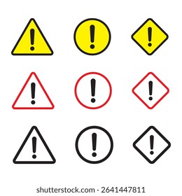 Warning sign and symbol. Exclamation mark in triangle, circle and rombus. Black, yellow and red color alert icon.