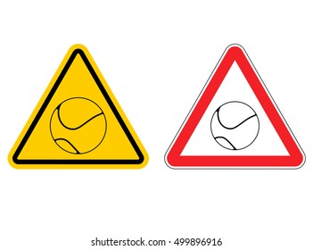 Warning sign Tennis attention. Dangers yellow sign game. ball is on red triangle. Set of road signs tennis club
