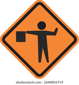 warning sign with a thick black border, a person holding a flag with one arm outstretched, signaling to stop or proceed. This is a common construction or road work sign