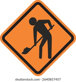 warning sign with a thick black border, a black silhouette of a person bent over, actively shoveling. This sign indicates road work or construction ahead, warning drivers of workers present