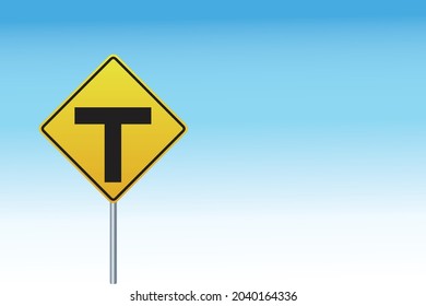 Warning sign of T-junction isolated on blue background,Traffic Sign. Vector illustration eps 10.