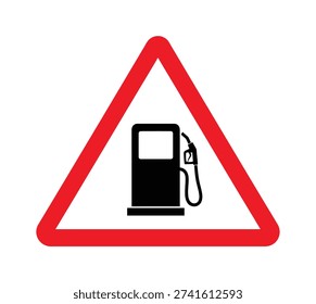 Warning sign triangle with gas pump symbol indicating fuel station ahead on white background