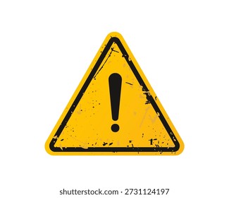Forma de triángulo de signo de advertencia con textura arenosa vieja. Señal amarilla de la precaución de la atención con el marco negro para la construcción, el tráfico, urbano, Ilustración vectorial. Manchas de pintura viejas, salpicaduras y arañazos.