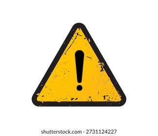 Warnschild Dreieck Form mit alten Gritty Textur. Gelbes Aufmerksamkeitswarnzeichen mit schwarzem Rahmen für Gebäude, Verkehr, Stadt, Vektorgrafik. Alte Farbflecken, Spritzer und Kratzer.