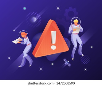 Warning Sign and two astronauts vector metaphor. Illustration for web pages, apps, mobile design. Error illustration with astronauts on navy blue background.