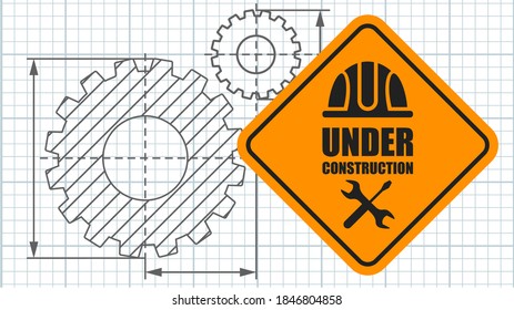 Signo de advertencia en construcción en la plantilla de afiches. Concepto de logotipo. Imagen conceptual de herramientas de reparación, construcción y construcción. Dibujo vectorial plano de dibujos animados. Objetos aislados en un fondo.