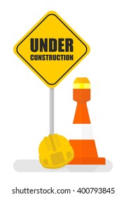 Warning sign under construction Traffic warning barricades and cones. Conceptual image of  tools for repair and builder. Cartoon flat vector illustration. Objects isolated on a background. 