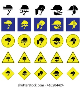Warning sign of using variety of helmet to protect head when working such as construction and mining 