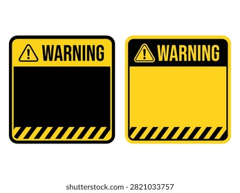 Warning sign vector collection featuring black and yellow caution labels isolated on white background for industrial safety construction hazard notices compliance signage and workplace information graphics.