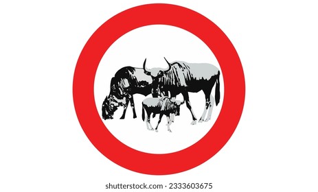 Ilustración del vector de señales de advertencia - cuidado con el toro salvaje, Wildebeest caminando por ahí.